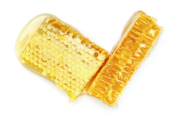 Honeycomb isolated on white background. Honey comb close up top view.