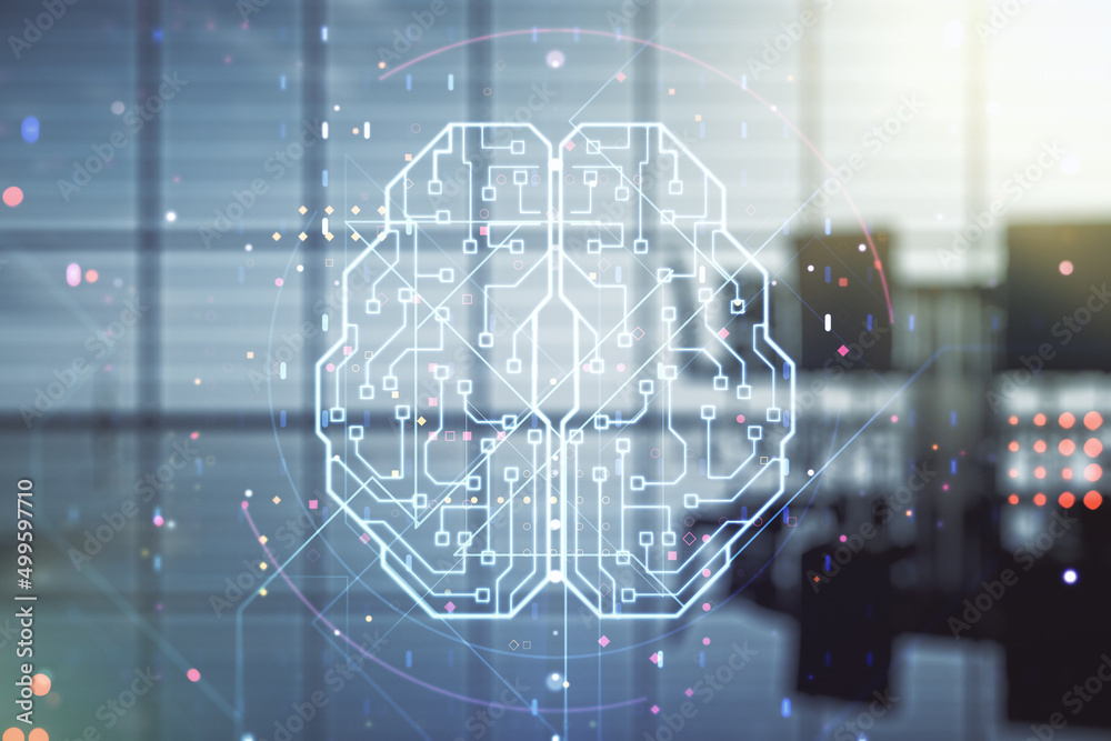 Aufkleber double exposure of creative artificial intelligence interface on a modern meeting room background. n