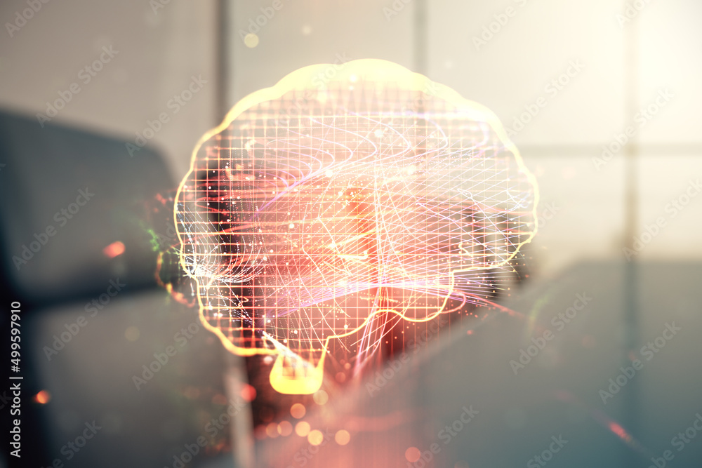 Aufkleber Double exposure of creative artificial Intelligence interface on a modern meeting room background. Neural networks and machine learning concept