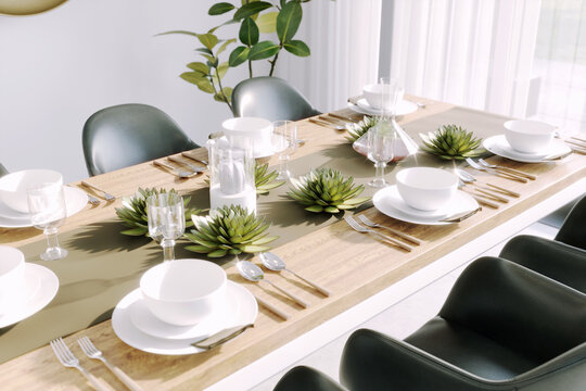Dining table in bright interior, wooden table and leather chairs, 3D illustration