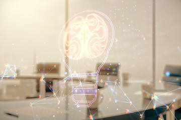 Abstract virtual creative light bulb with human brain hologram on a modern boardroom background, artificial Intelligence and neural networks concept. Multiexposure