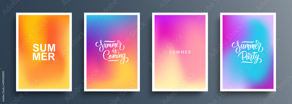 Aufkleber Summer theme blurred backgrounds with abstract blurred color gradient patterns and hand drawn lettering. Summertime set for brochures, posters, banners, flyers and cards. Vector illustration.