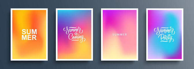 Fototapeta Summer theme blurred backgrounds with abstract blurred color gradient patterns and hand drawn lettering. Summertime set for brochures, posters, banners, flyers and cards. Vector illustration. obraz