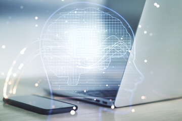Double exposure of creative artificial Intelligence symbol with modern laptop on background. Neural networks and machine learning concept