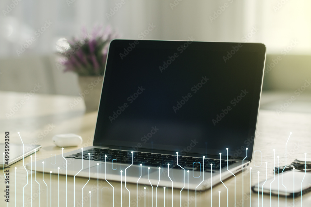 Poster creative abstract micro circuit sketch on modern laptop background, future technology and ai concept