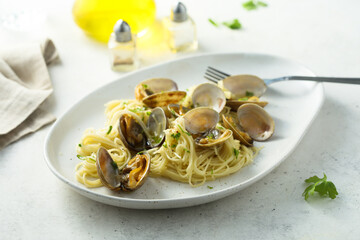 Homemade pasta with clams and lemon