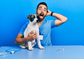 Handsome hispanic veterinary man with beard checking dog health crazy and scared with hands on...