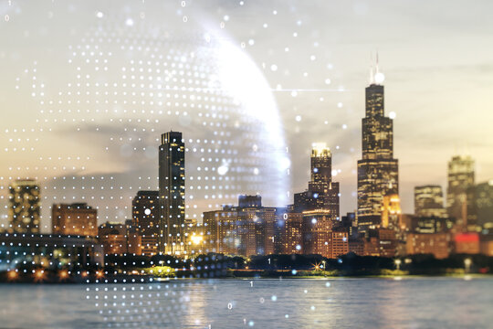 Double exposure of abstract digital world map hologram on Chicago office buildings background, big data and blockchain concept © Pixels Hunter