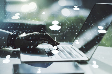 Social network media concept with hands typing on computer keyboard on background. Double exposure