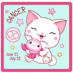 Zodiac Cancer sign character in kawaii style. Square card with cute little white kitty and Zodiac symbol, date of birth. Cartoon baby cat and Zodiacal card. Vector illustration EPS8