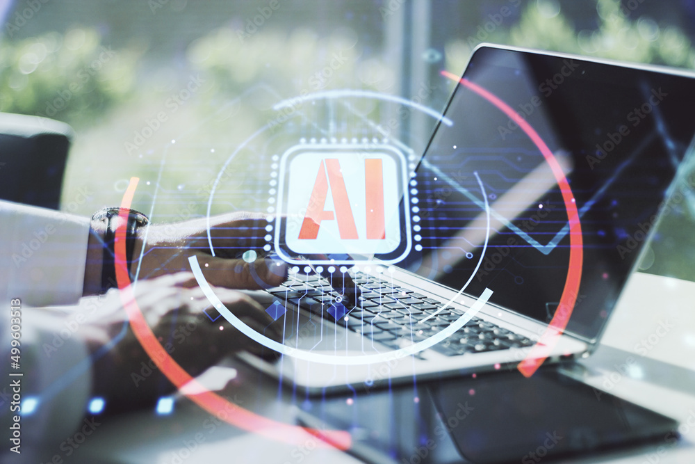 Poster double exposure of creative artificial intelligence abbreviation with hand typing on computer keyboa