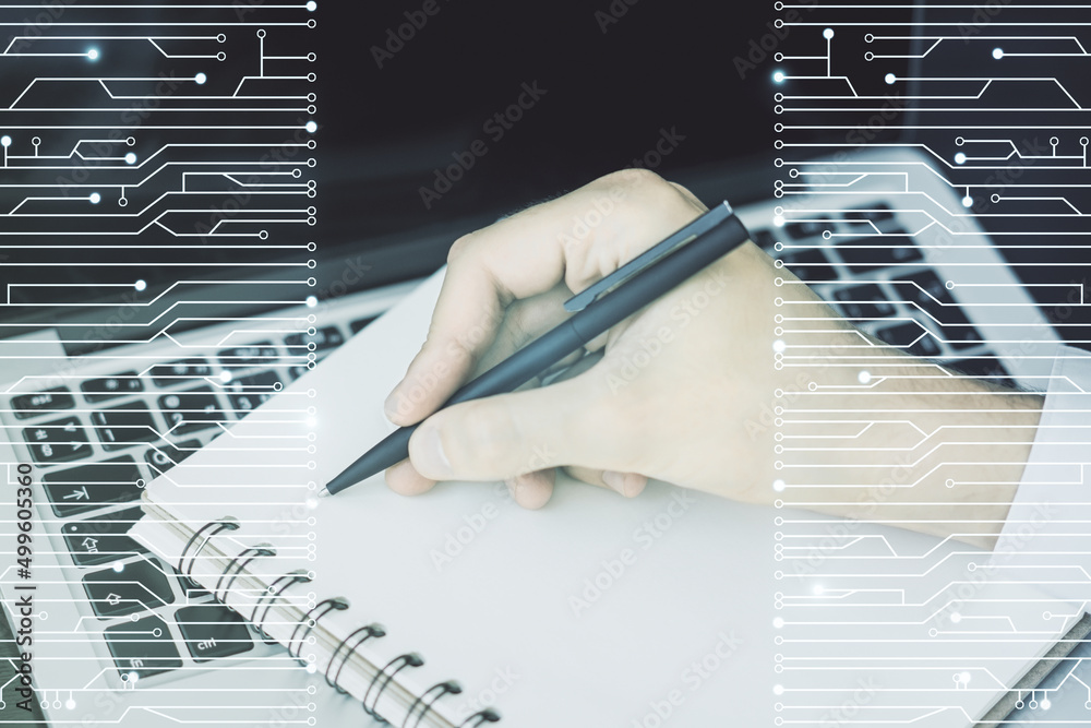 Aufkleber creative abstract micro chip hologram and hand writing in diary on background with laptop, artificia