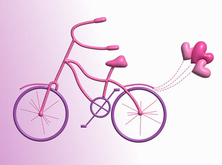 3D rendering of pink bicycle with heart shaped baloons.. 3D rendered bike on abstract pink background.