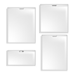 Badges Blank Accessories Different Size Set Vector. Empty Badges For Visitor Information, Photography, Name And Surname. Person Identification Card For Meeting Template Realistic 3d Illustrations