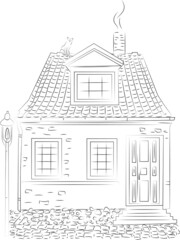 Vector illustration of a cute house drawn with a black line with a cat on the roof, isolated on a white background.