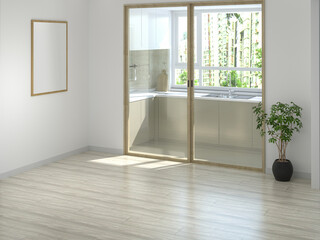 Fototapeta na wymiar 3D Render Empty interior home , kitchen , plant vase ,photo frame