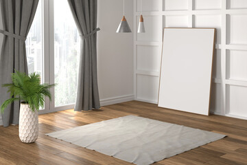3D render Modern interiors empty room .plant vase. floor parquet. photo frame