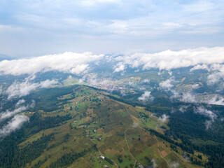 Fototapeta premium High flight in the mountains of the Ukrainian Carpathians. Aerial drone view.