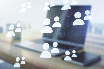 Social network media concept and modern desktop with pc on background. Double exposure