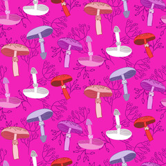 Vector seamless half-drop pattern, with mushrooms