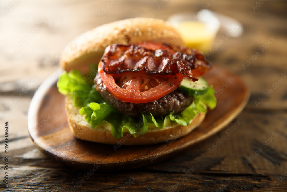 Sticker homemade burger with fried bacon