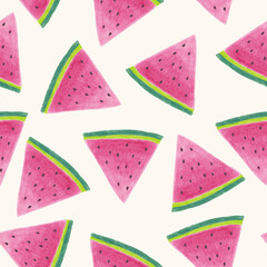 Watermelon slice seamless pattern. Hand drawn vector illustration watercolor splashes, isolated background. Vegetarian eco food product, organic, vegan nutrition. For menu cover design, print, poster.