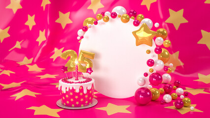 Postkartenmotiv mit Textfeld verziert mit gold-pink-weißen Perlen und Torte mit Kerze plus Lorbeerkranz und Zahlenballons 25 auf gold-pinken Sternhintergrund