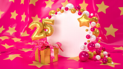 Postkartenmotiv mit Textfeld verziert mit gold-pink-weißen Perlen und Geschenkbox mit Schleife und Zahlenballons 25 auf gold-pinken Sternhintergrund