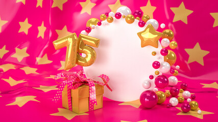 Postkartenmotiv mit Textfeld verziert mit gold-pink-weißen Perlen und Geschenkbox mit Schleife und Zahlenballons 75 auf gold-pinken Sternhintergrund