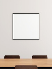 Minimalist square black poster or photo frame mockup on the wall in the office meeting room.
