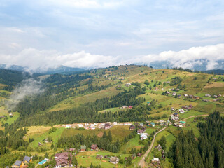 High flight in the mountains of the Ukrainian Carpathians. Aerial drone view.