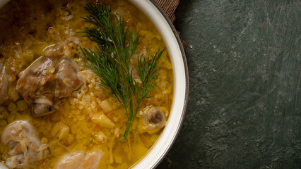 Delicious german soup eintopf cooking with fresh vegetables and chicken on dark wooden background