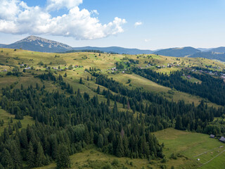 Green mountains of Ukrainian Carpathians in summer. Sunny day. Aerial drone view.