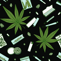 Seamless vector  pattern with marijuana leaves, rolling paper, buds, grinder, lighter. Cannabis background