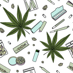 Seamless vector  pattern with marijuana leaves, rolling paper, buds, grinder, lighter. Cannabis background