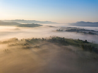 Morning fog in the Ukrainian Carpathians. Aerial drone view.