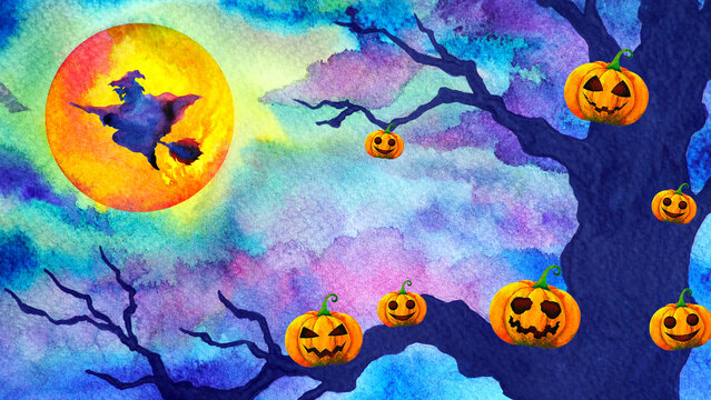 witch flying in full moon night halloween party funny orange pumpkin light lantern art design watercolor painting illustration drawing horror forest background