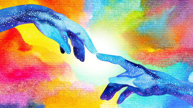 human hand connection mind mental health spiritual healing abstract energy meditation connect the universe power watercolor painting illustration design drawing art