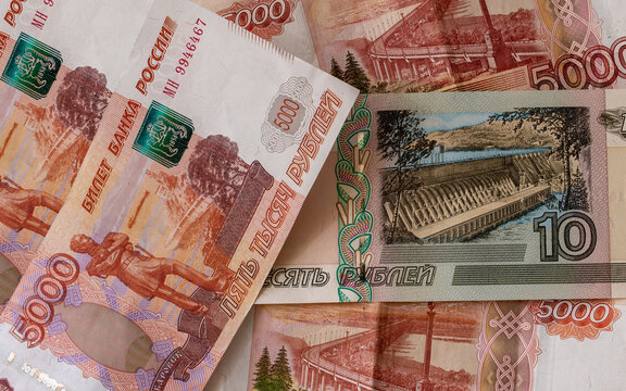 5000 five thousands of banknotes of Bank of Russia on white background Russian rubles