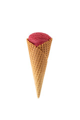 Berry ice cream in waffle cone isolated on white.