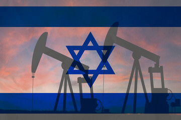 Israel oil industry concept, industrial illustration. Israel flag and oil wells, stock market,...