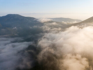 Morning fog in the Ukrainian Carpathians. Aerial drone view.