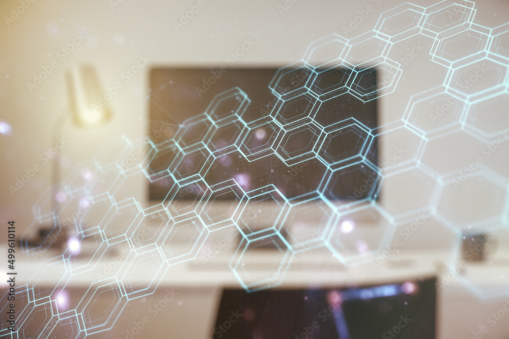 Poster double exposure of technology hologram with hexagon on laptop background. research and development s
