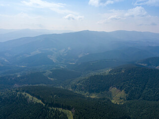 Naklejka premium Green mountains of Ukrainian Carpathians in summer. Sunny day, rare clouds. Aerial drone view.