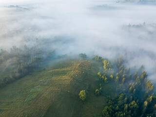Fototapeta premium Morning mist in Ukrainian Carpathian mountains. Aerial drone view.