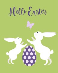 Happy easter postcard. Vector illustration with cute rabbits, egg and butterfly. Green background