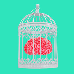 Human brain caged in white cage. Forbidden thinking creative concept idea. Mind restriction...