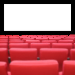 Seats in cinema theater hall with huge big screen in front. Movies concept idea