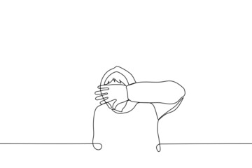 man put hand in front of him and covers face with his palm - one line drawing vector. concept of shame, cancellation culture, celebrity avoids attention and is afraid of paparazzi shooting
