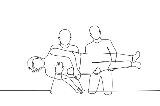 two men holding a third one - one line drawing vector. acrobatics stunt. concept, two friends are honoring a third or carrying somewhere, funny pose for a photo